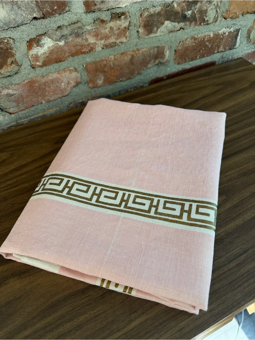 Vintage Linen Tablecloth 50x50 Pink Metallic Gold Greek Key Regency